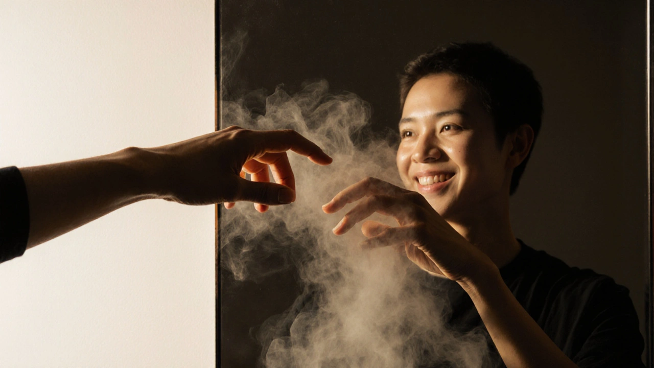 Two hands reaching toward each other, one glowing and real, the other fading into smoke — symbolizing self-connection.