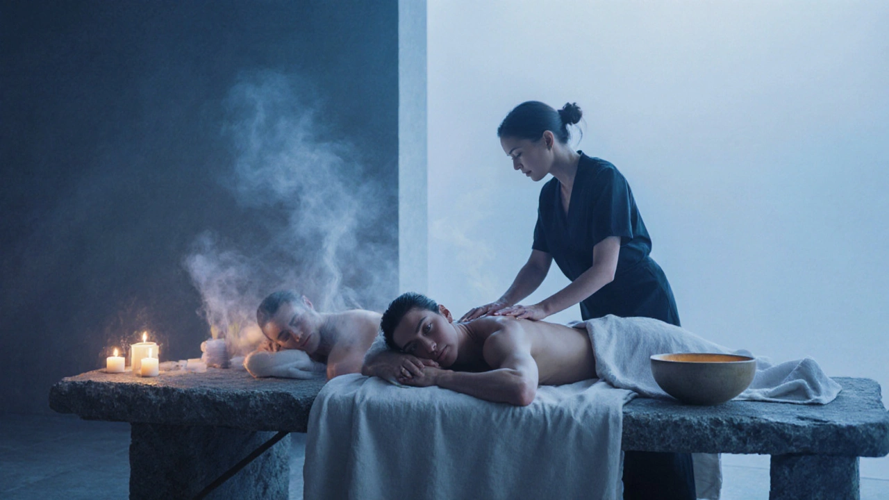 Two partners receive a gentle massage together in a peaceful, candlelit spa room with soft linens.