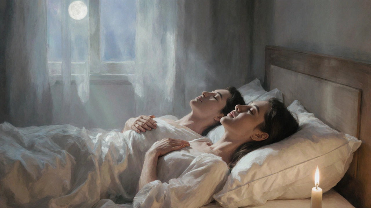 Two people lying face to face on a bed, one hand on the other&#039;s chest, breathing together peacefully.
