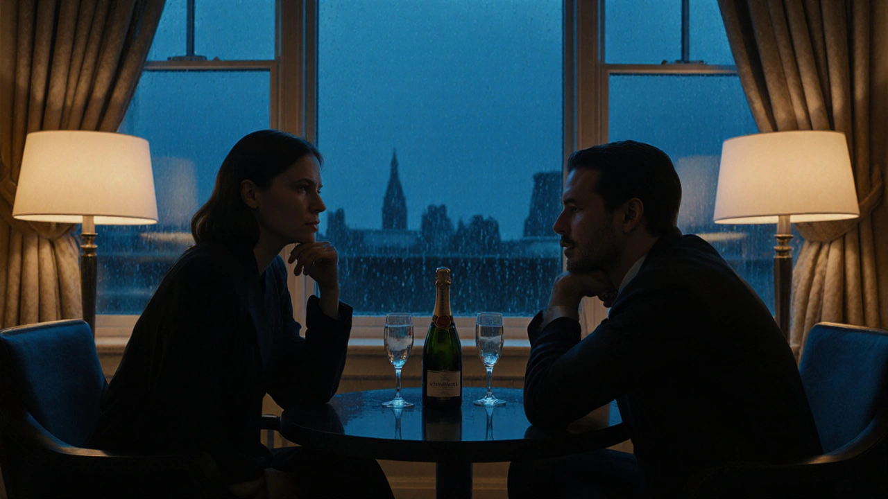 Two people seated quietly in a luxury penthouse at night, sharing champagne in a moment of thoughtful connection, rain on the windows.