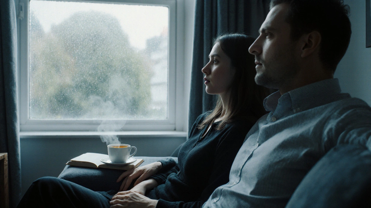 Two people sitting quietly by a window, rain outside, no words needed.
