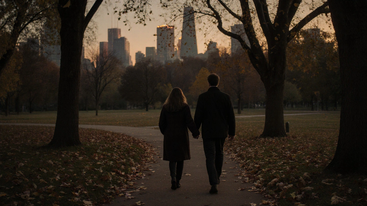 Two people walking slowly through a park at dusk, hands nearly touching among falling leaves.