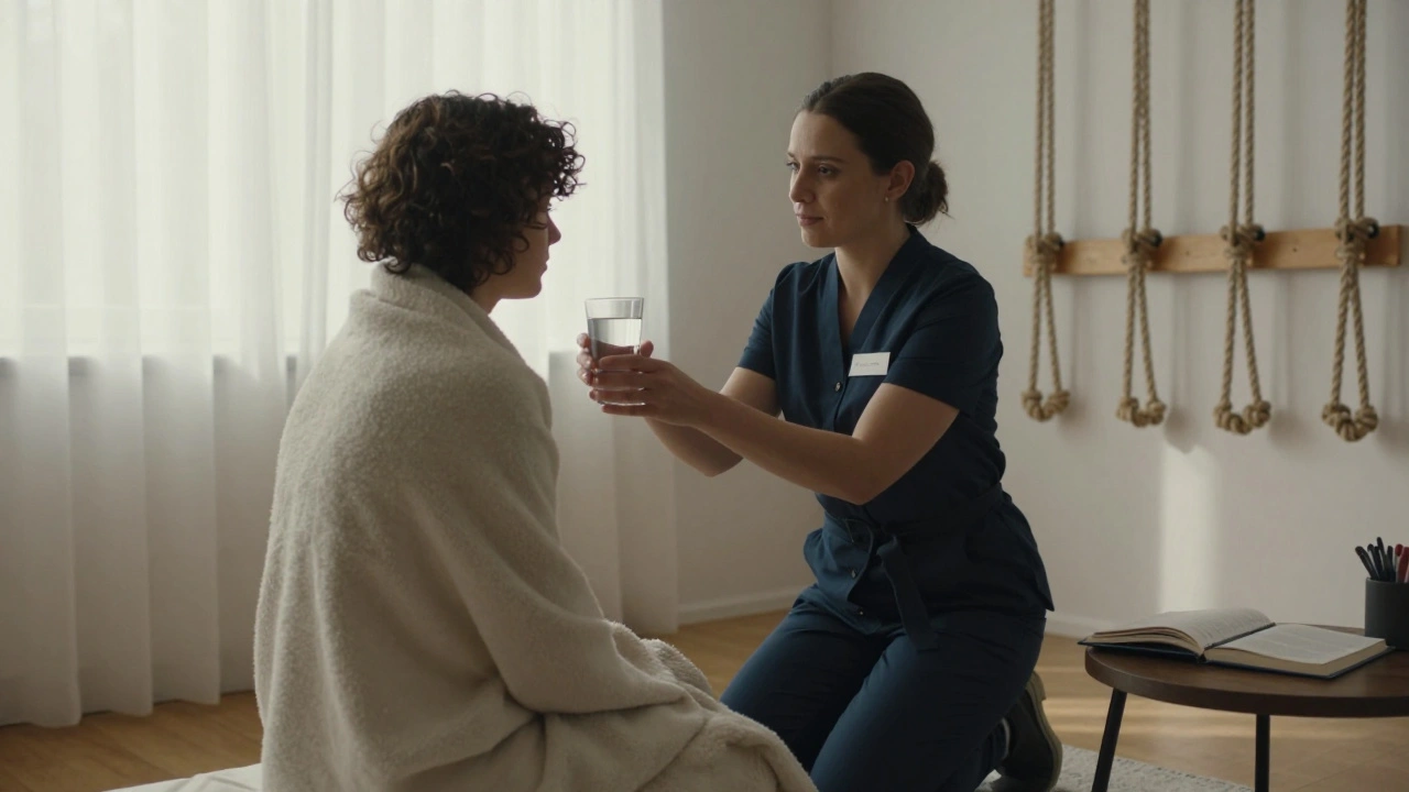 A bondage escort offering aftercare with water and calm eye contact to a wrapped client in soft natural light.