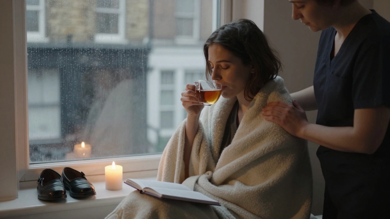 A client wrapped in a blanket sipping tea after a session, with a domme offering gentle comfort.