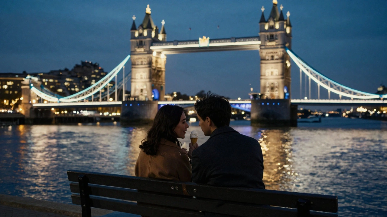 A couple enjoying ice cream on a Thames bench under the glowing lights of Tower Bridge at night.