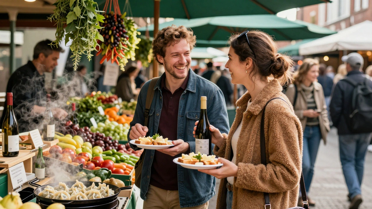 A couple laughing while eating food at a busy London market with colorful stalls and steam rising.