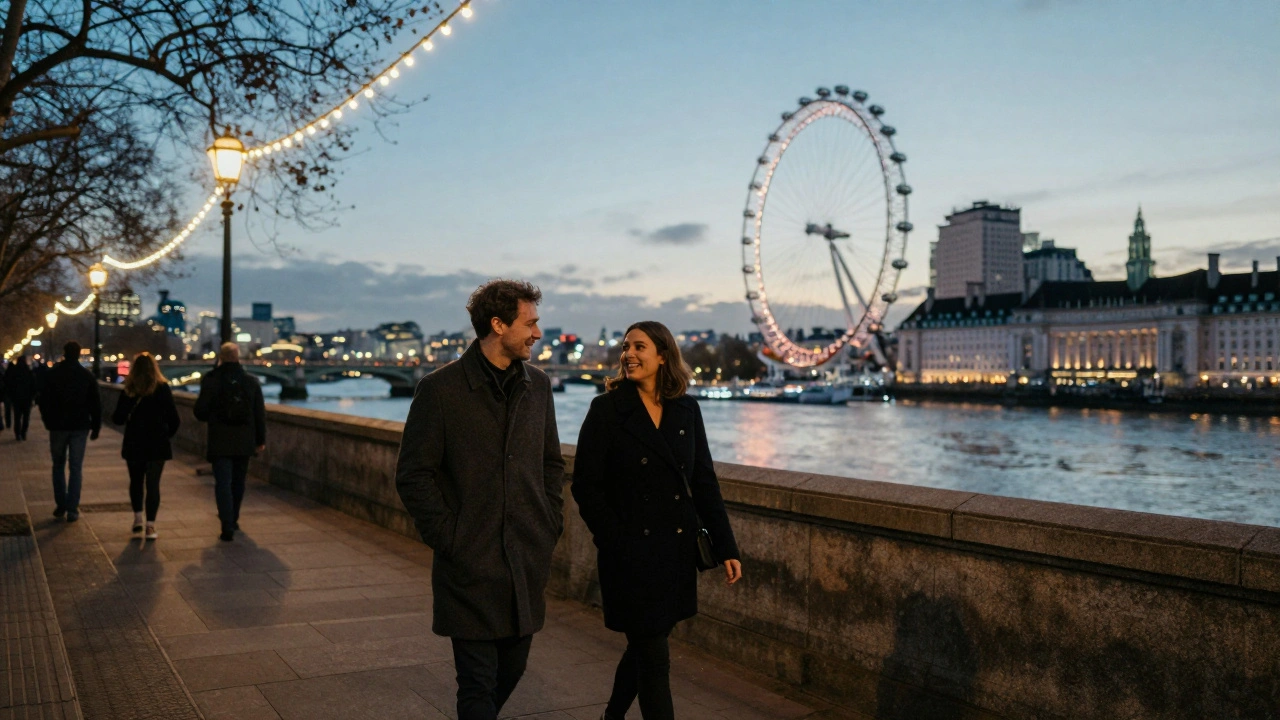 A couple walking peacefully along the Thames at dusk, engaged in conversation under soft city lights.