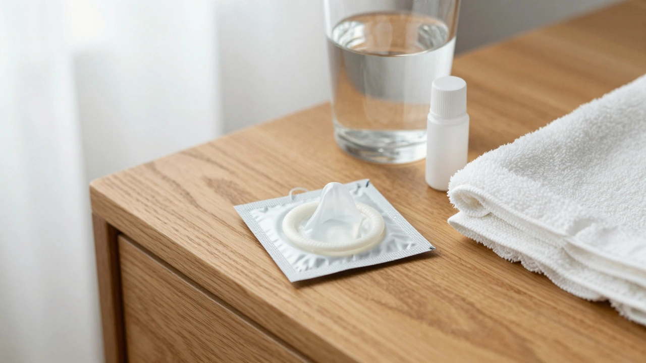 A dental dam and lubricant neatly arranged on a nightstand with natural light.