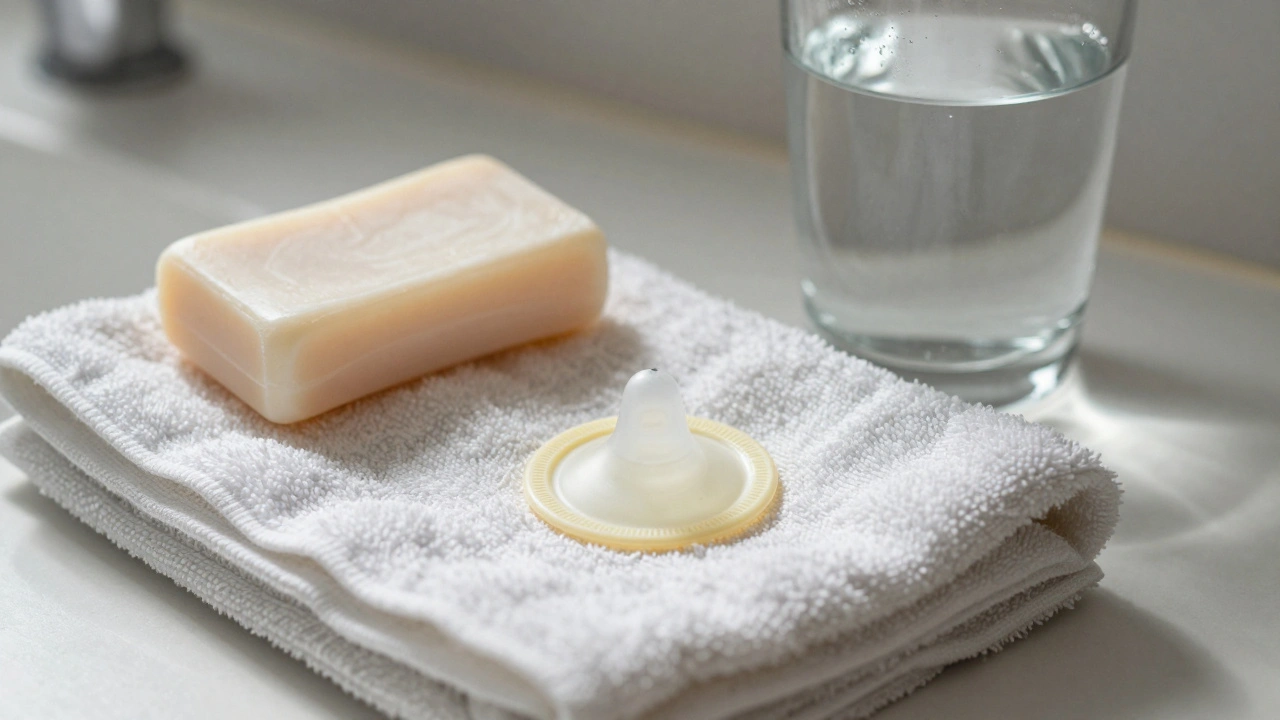 A dental dam, soap, and water arranged neatly on a counter, symbolizing safe preparation.