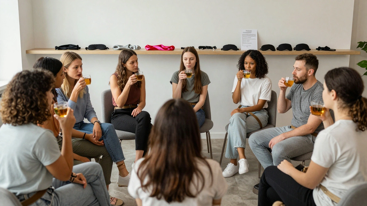 A diverse group relaxing after a bondage session, sharing tea in quiet, supportive conversation.