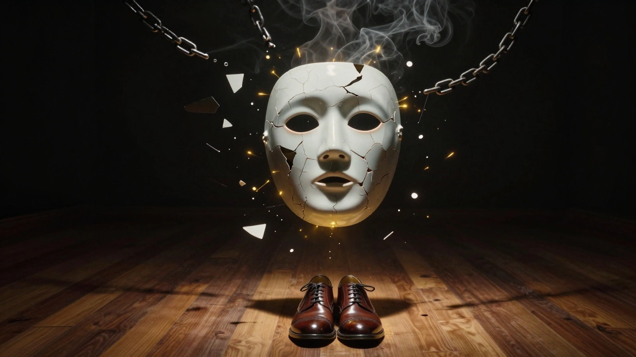 A floating cracked porcelain mask dissolving into golden smoke above polished floor and polished shoes.
