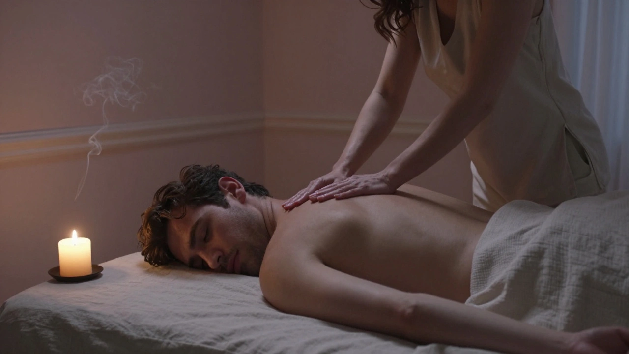 A gentle massage in a candlelit hotel room, serene and consensual, no explicit contact.