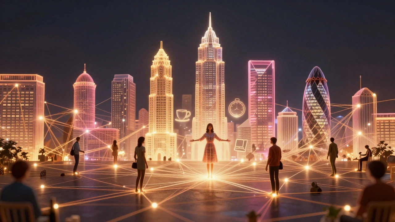 A glowing London skyline made of interconnected threads symbolizing meaningful human bonds.