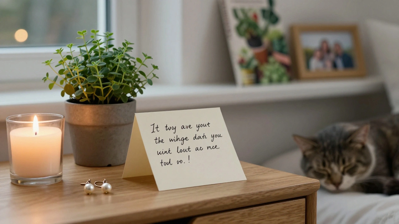 A handwritten note, pearl earrings, and a cat rest beside a candle and herb plant on a nightstand.