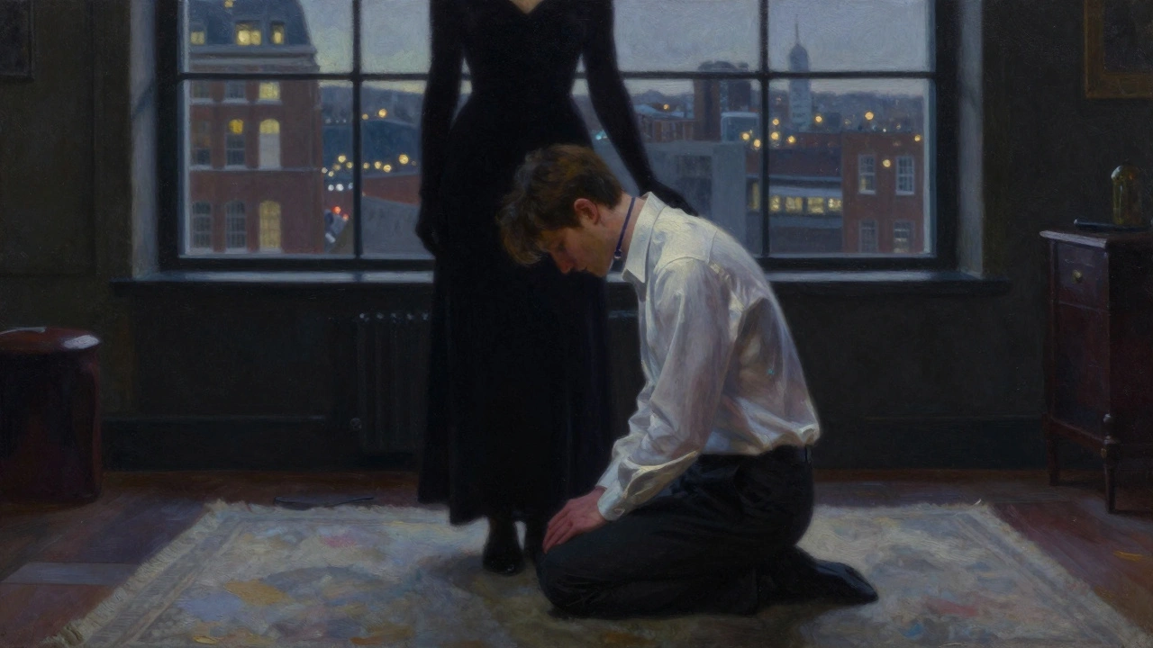 A man kneels peacefully in a dim loft, wearing a subtle collar, as a Mistress stands silently beside him in silhouette.