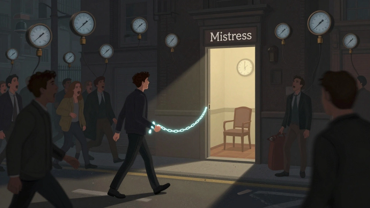 A man walks through a chaotic city, pulled by a glowing chain toward a warm door representing inner peace.