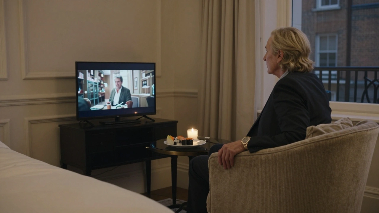 A mature woman and an older man sit quietly together in a hotel room, watching a film by candlelight.