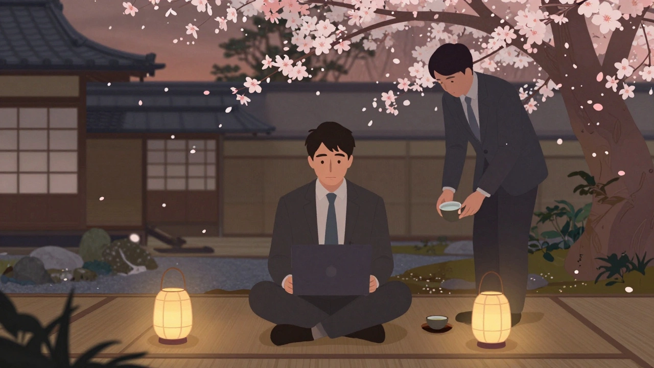 A person sits quietly in a Kyoto garden with a companion, enjoying tea at dusk.