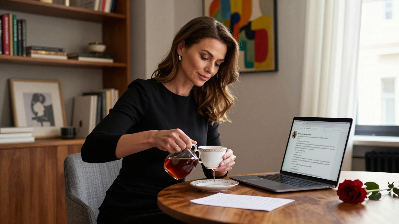 A poised Russian woman in a black dress pouring tea in a tastefully decorated London apartment.