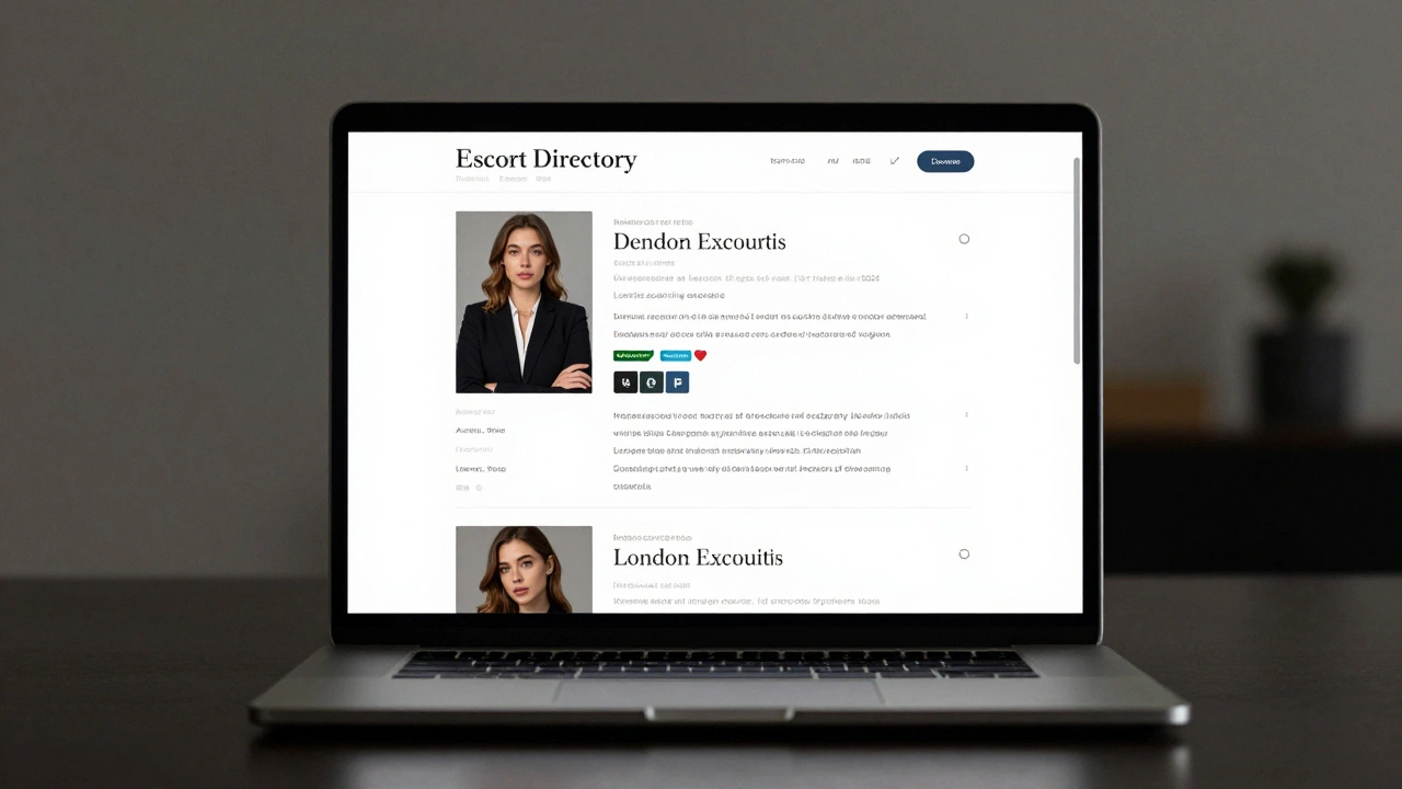 A professional escort directory website on a laptop screen, showing discreet bios and photos.