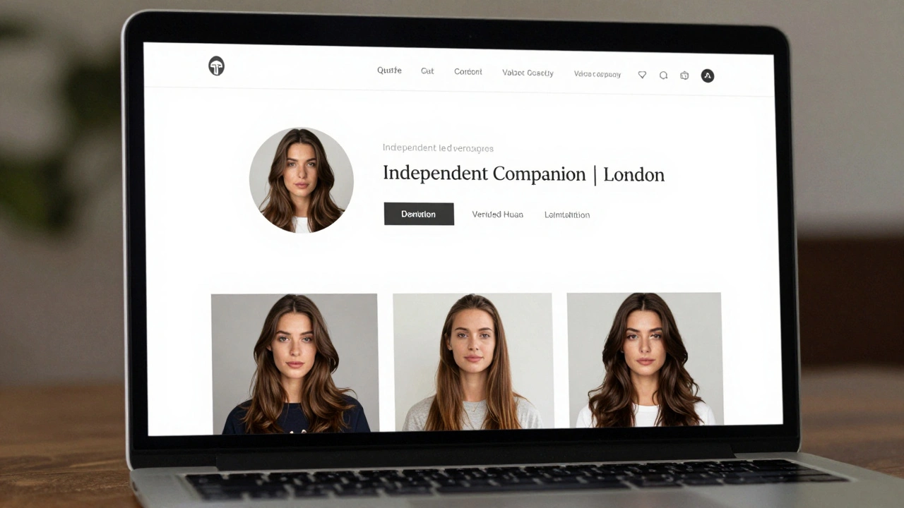 A professional escort profile on a clean, discreet website with natural photos and no filters.