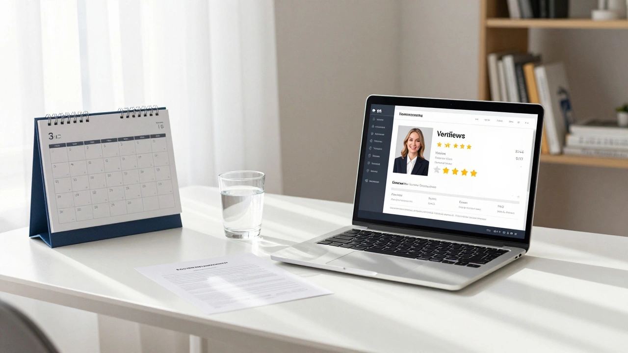 A professional escort’s tidy flat with a verified profile on screen, sunlight streaming through clean windows.