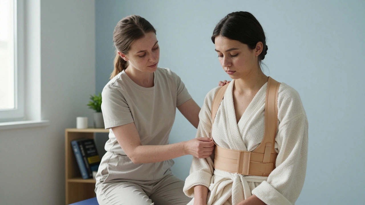 A provider gently adjusts a strapons harness for a client, both focused on consent and comfort.