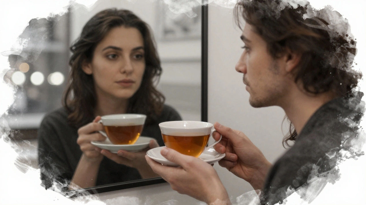 A reflection in a mirror shows emotional presence—hands holding tea, faces softly blurred in the background.