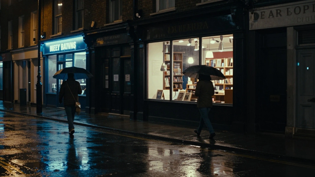 A solitary figure walks under an umbrella on a rainy London street at night, reflections on wet pavement, quiet and introspective mood.