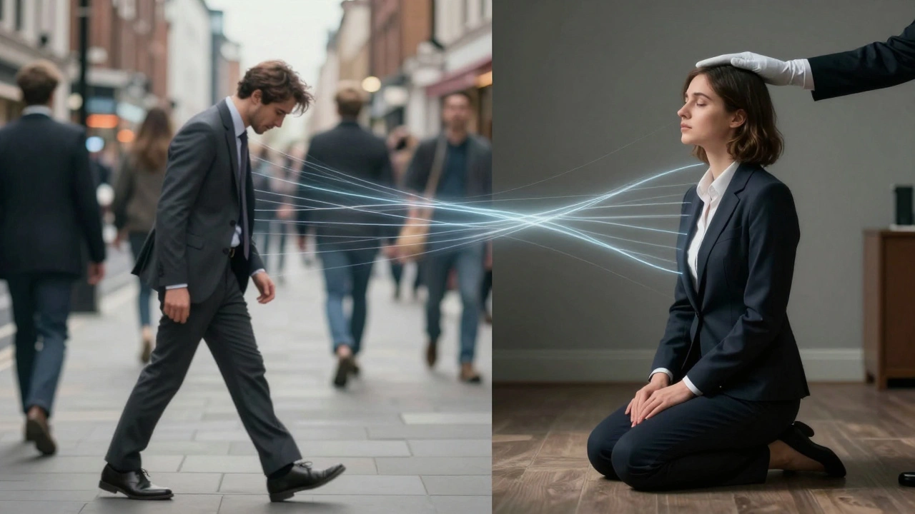 A split image showing a stressed professional transitioning to a serene state of surrender.