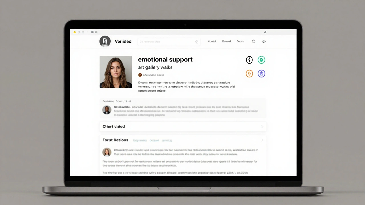 A verified escort profile on a laptop screen showing detailed bio, client reviews, and secure payment options, no suggestive imagery.