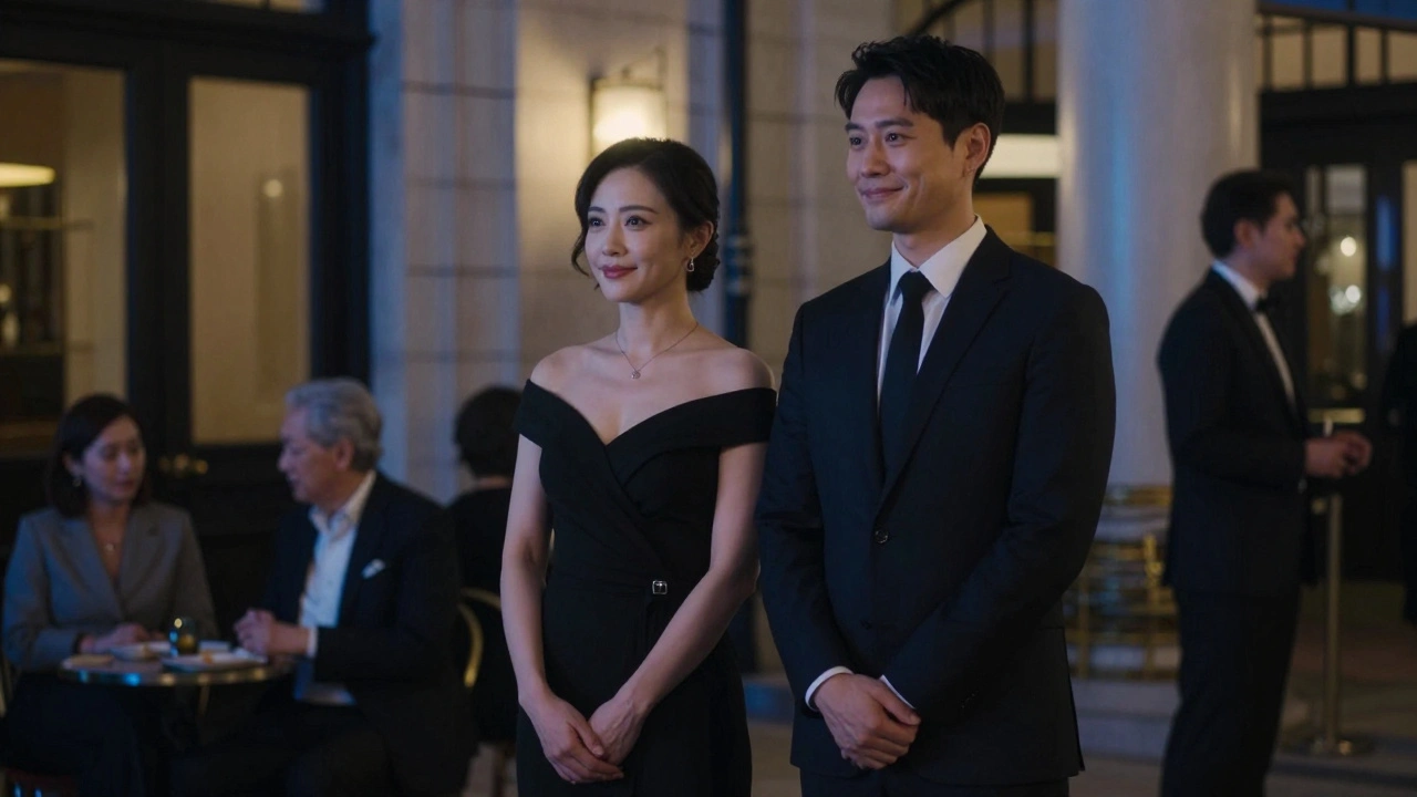 A woman in a black dress and man in a suit waiting together at a London theater, elegant and discreet.