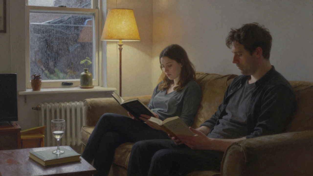 A woman reading aloud to a man in a cozy living room, rain on the window, warm lamp light, quiet intimacy.