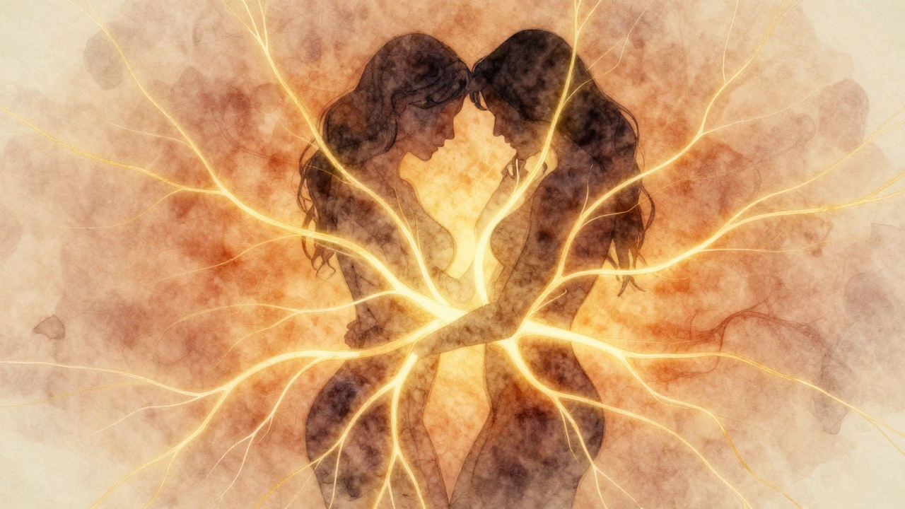 Abstract golden nerve filaments glowing around intertwined silhouettes, symbolizing deep sensory and emotional connection.