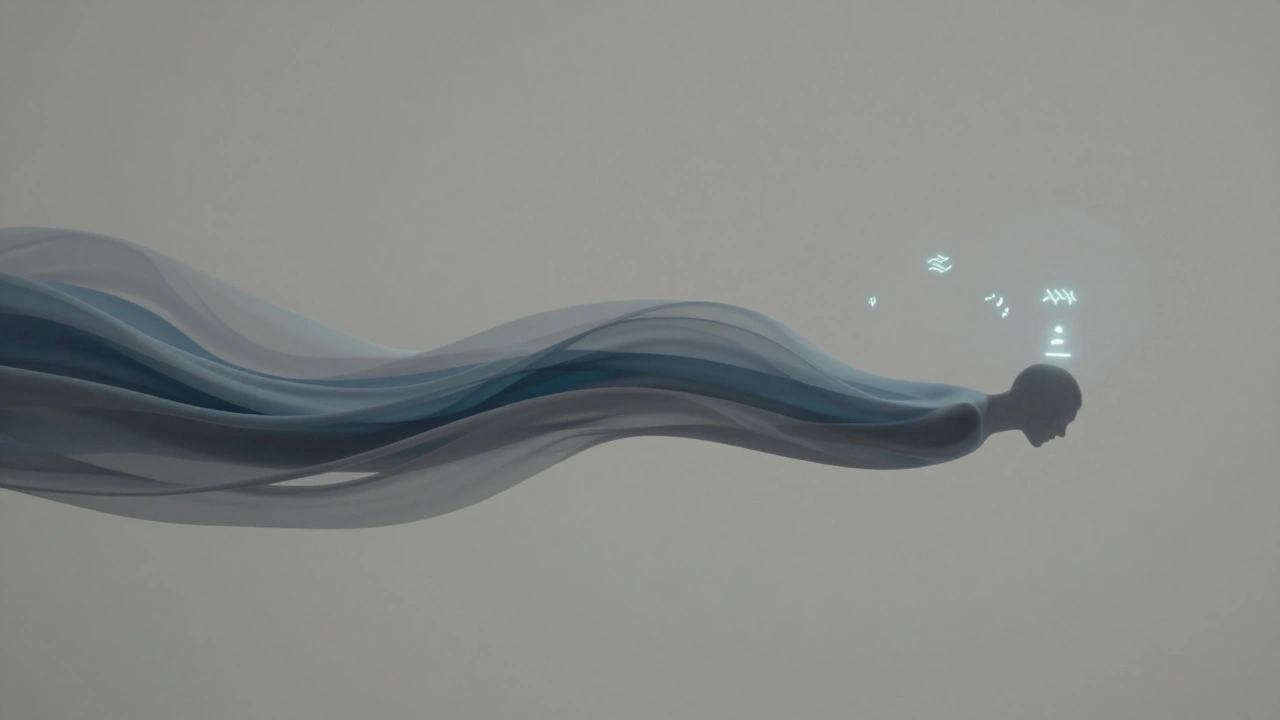 Abstract silhouette of a person releasing stress as flowing fabric turns into calming waves of blue and gray.