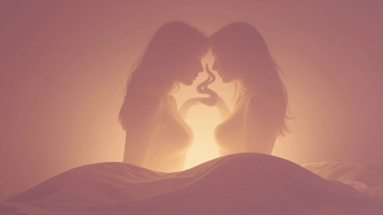 Abstract silhouettes merged in tender embrace, glowing with warmth and quiet intimacy.