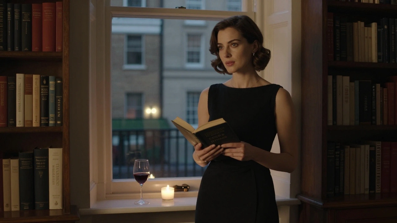 An elegant woman holding a book in a cozy London apartment, bathed in warm candlelight.