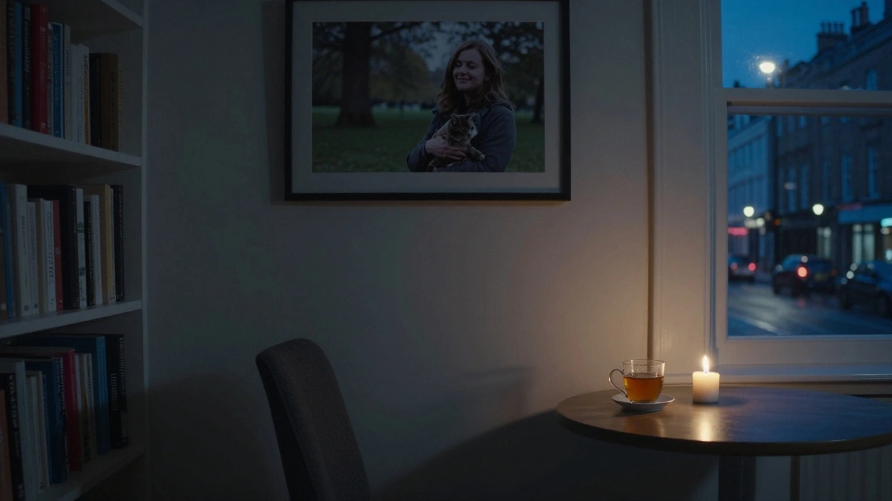 An empty chair with a cooling cup of tea and a burning candle, symbolizing the quiet aftermath of a meaningful emotional encounter.