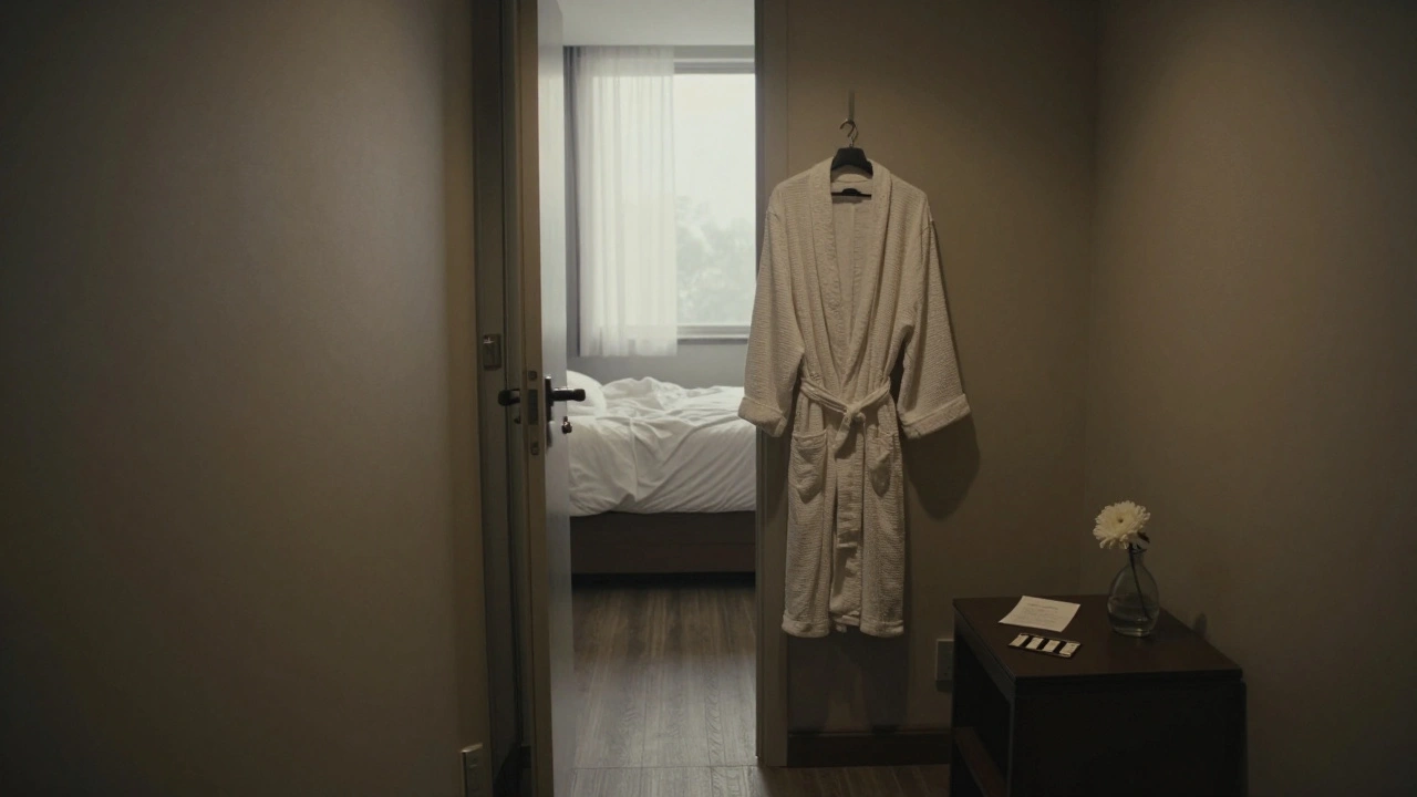 An empty hotel hallway at dawn with a note, keycard, and single flower on the nightstand.
