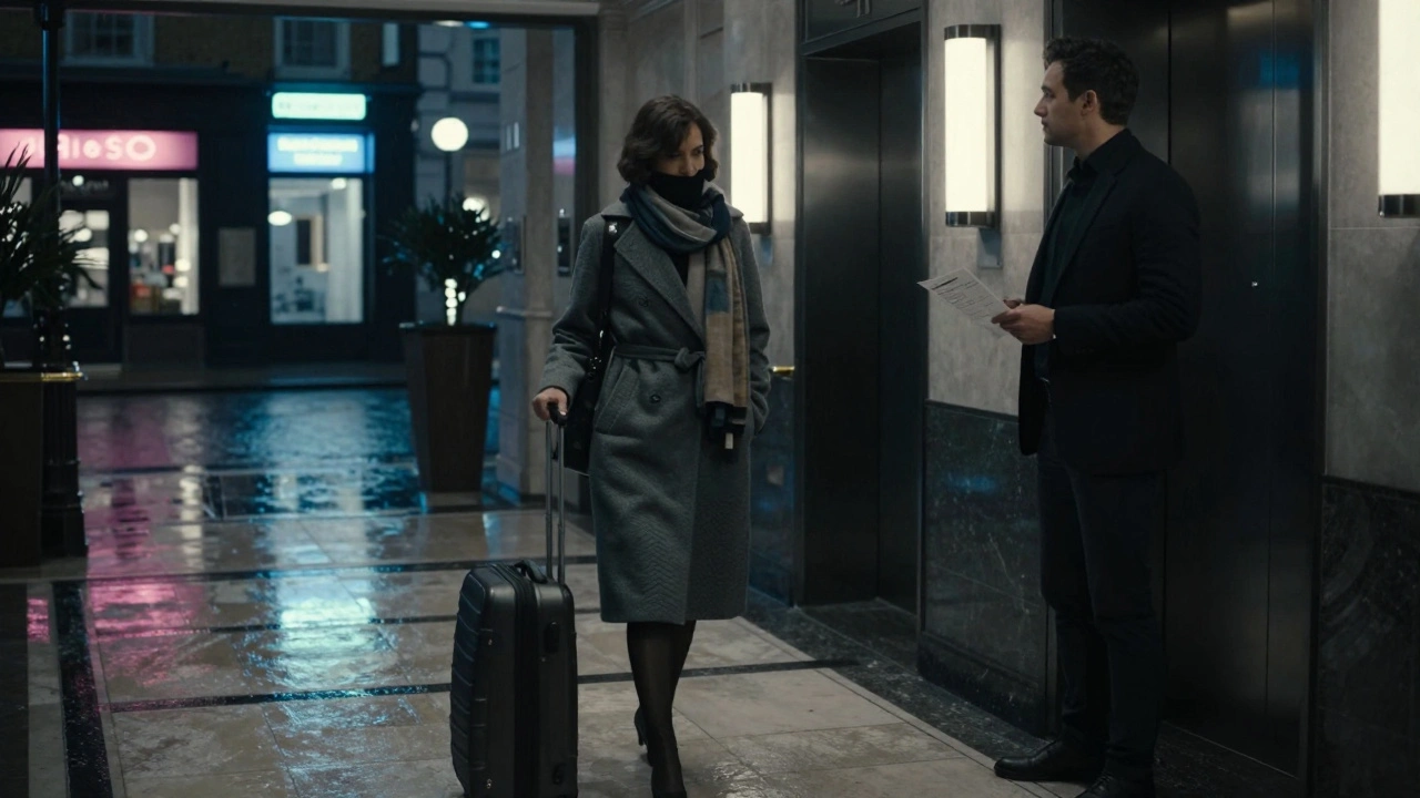 An escort leaving a luxury London hotel at night, blending into the quiet urban atmosphere.