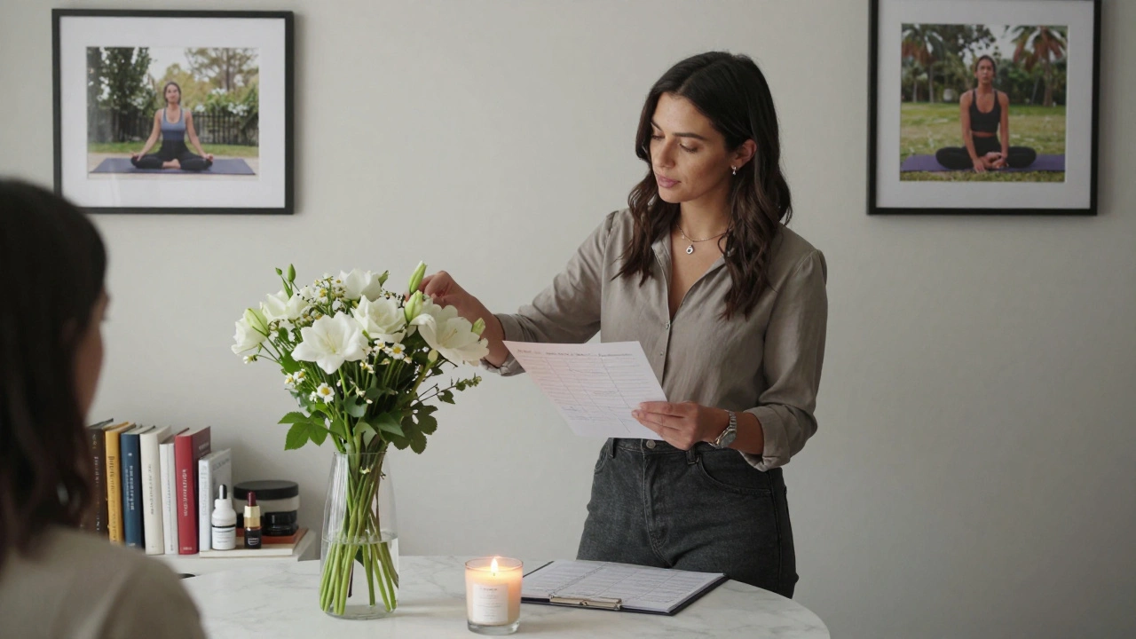 An independent escort prepares for a session in her elegant home, surrounded by personal, professional details.