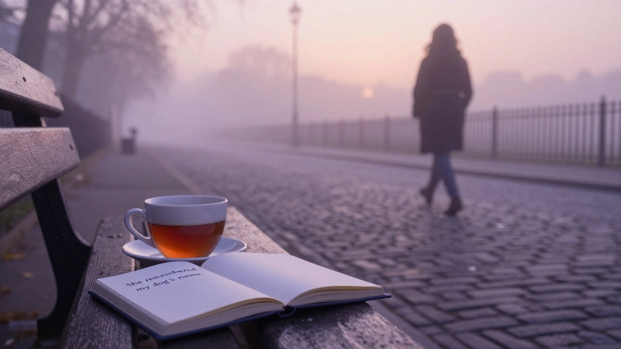 An open journal on a London park bench at dawn, with a note about remembering a dog’s name, fog swirling nearby.
