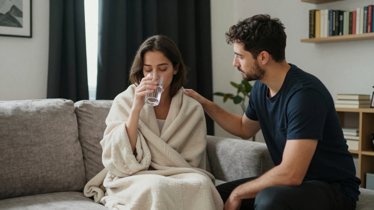 Client receiving gentle aftercare with blanket and water, dom escort offering quiet support in a soothing room.