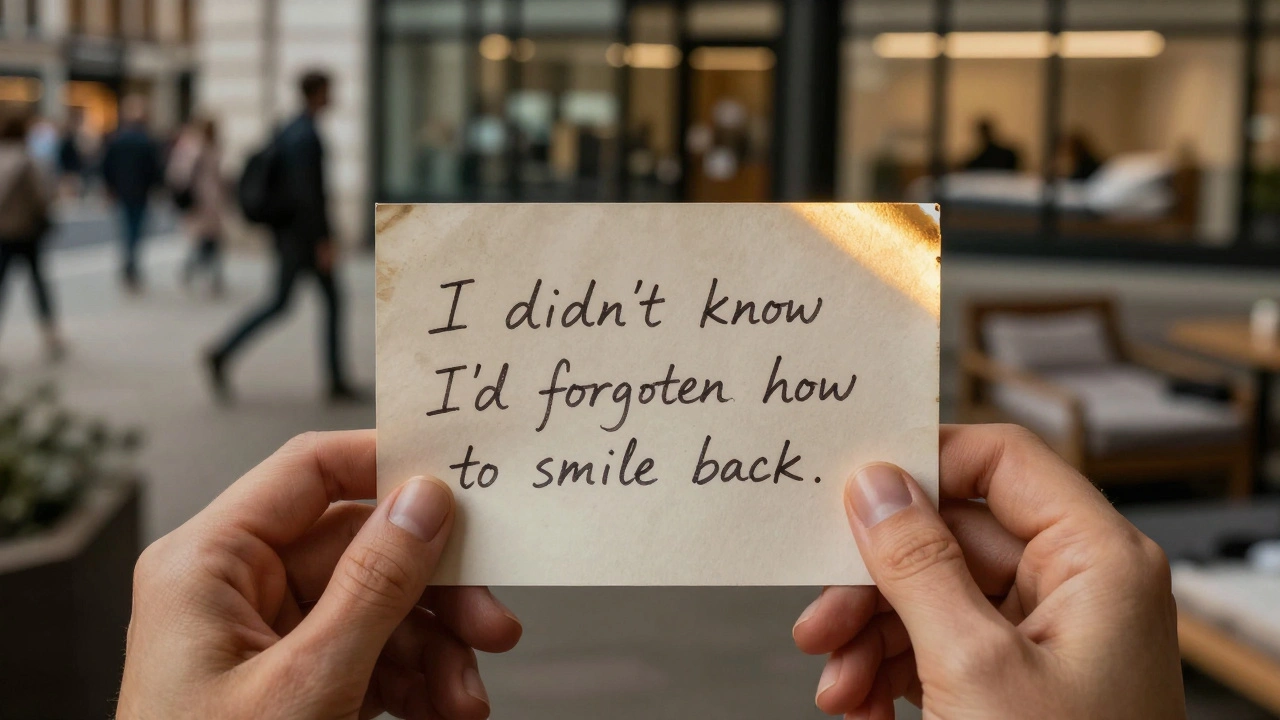 Close-up of a handwritten note saying &#039;I didn’t know I’d forgotten how to smile back,&#039; softly lit in a blurred city scene.
