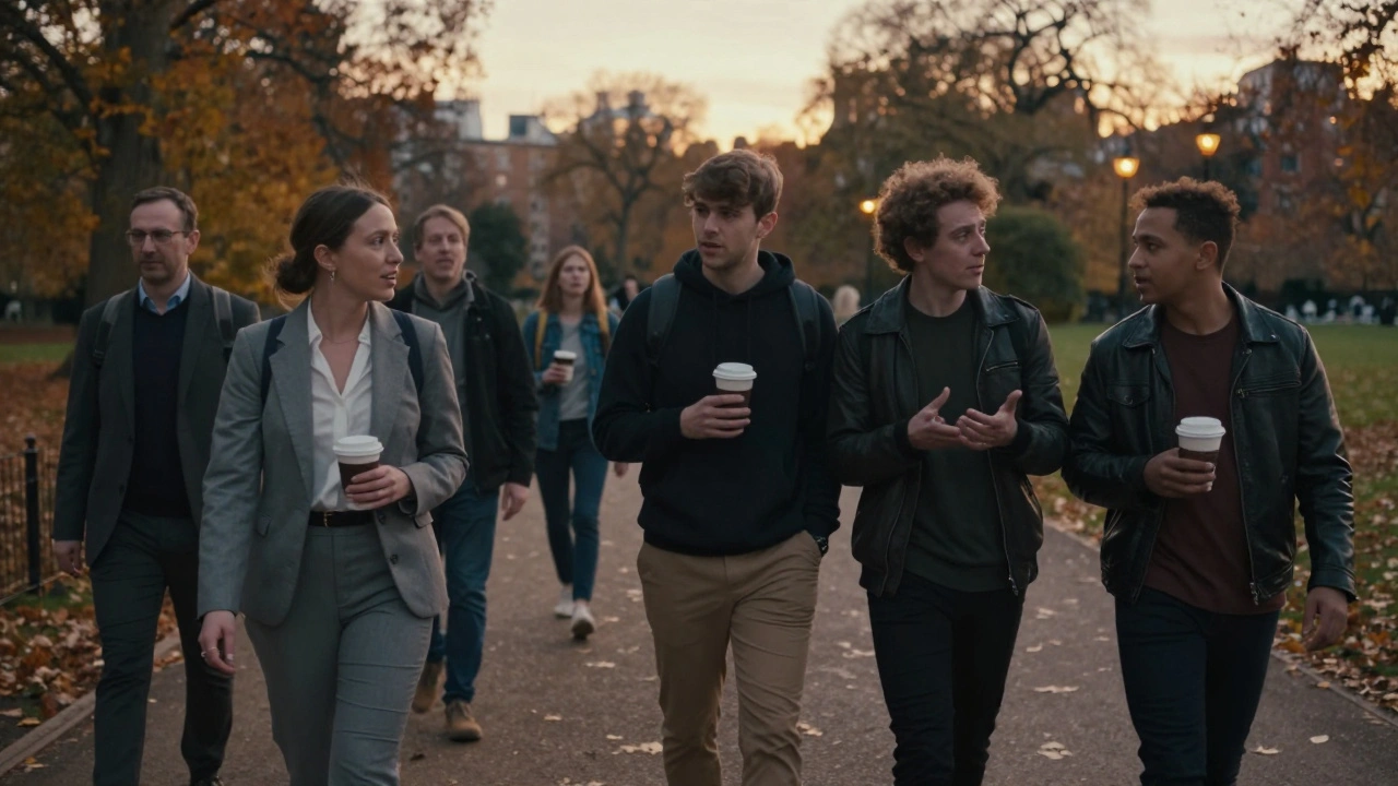 Diverse Londoners walking through Hyde Park with companions, enjoying calm conversation at sunset.