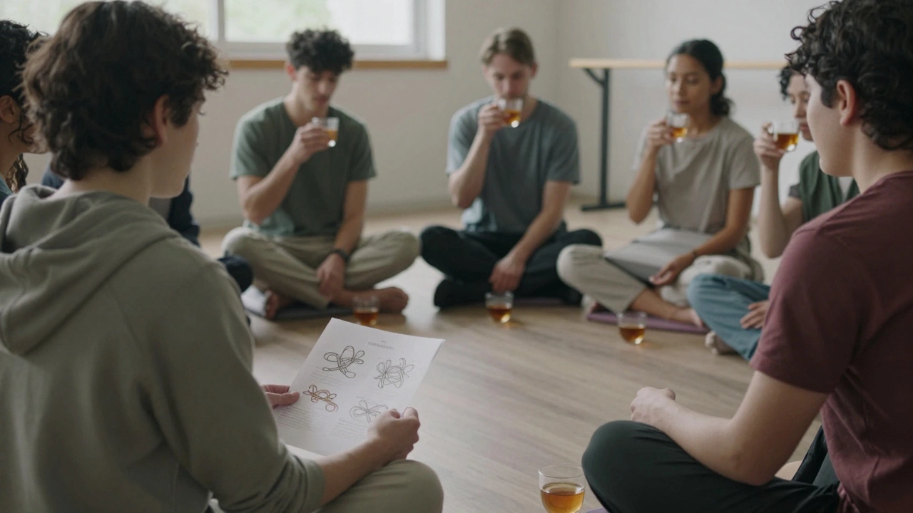 Group of diverse attendees sharing quiet aftercare with tea and knot diagrams after a bondage class.