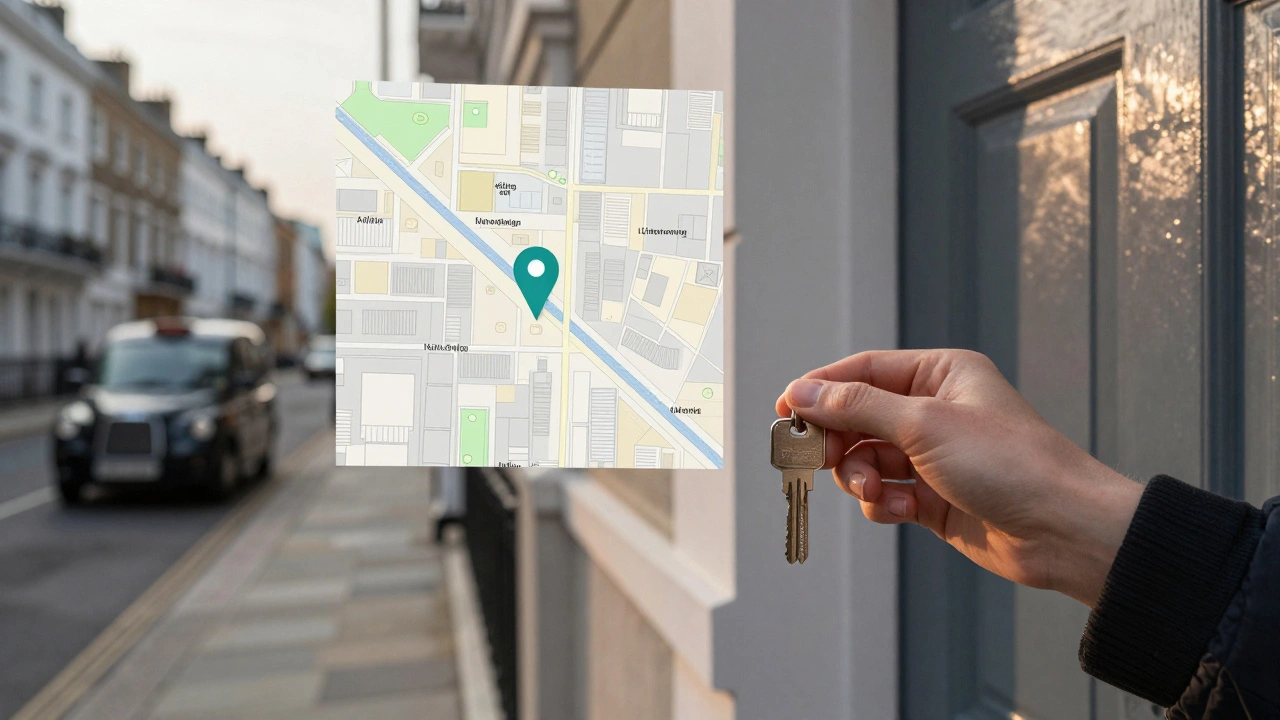 Hand holding key to a London apartment door with GPS location pin on wall, morning light.