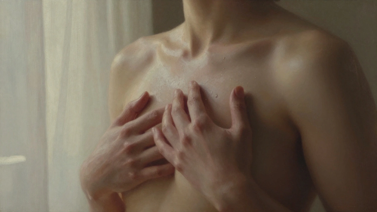 Hands and chest in quiet contact, synchronized breathing under soft morning sunlight.