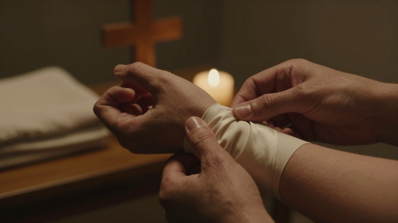 Hands carefully unwrapping silk restraints, emphasizing tenderness and aftercare.