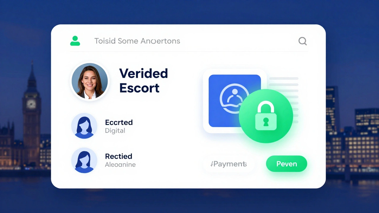 Secure digital platform with verified escort profile, video call option, and safety indicators.